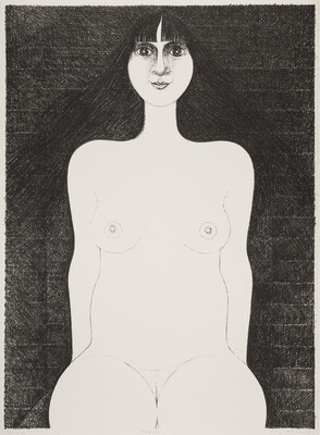 A black-and-white print of a seated nude White woman with long black hair leaning back on her hands.
