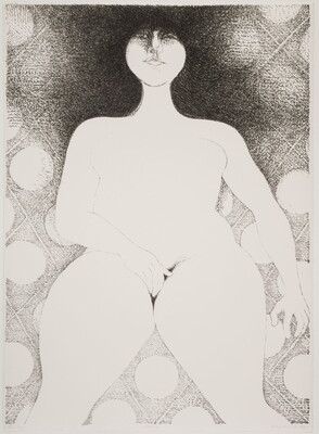 A black-and-white print of a nude White woman with long black hair, one hand between her legs, reclining on a patterned surface.