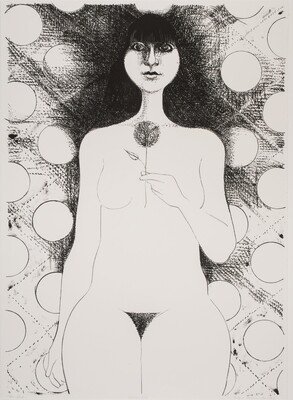 A black-and-white print of a nude White woman with long black hair holding a flower between her breasts reclining on a patterned surface.