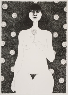 A black-and-white print of a nude White woman with long black hair holding a flower between her breasts reclining on a dark patterned surface.