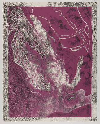An abstract color print of a partially-obscured human-like figure in white and gray upside down and diagonal on a purple background.