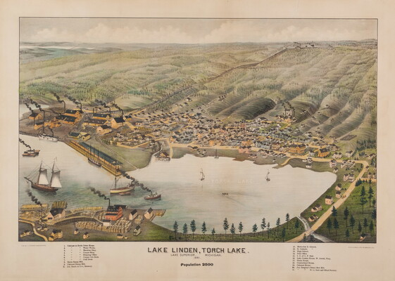 A color print of a birds-eye-view of a small town with a lake at its center and the words, "Lake Linden, Torch Lake" beneath the illustration.