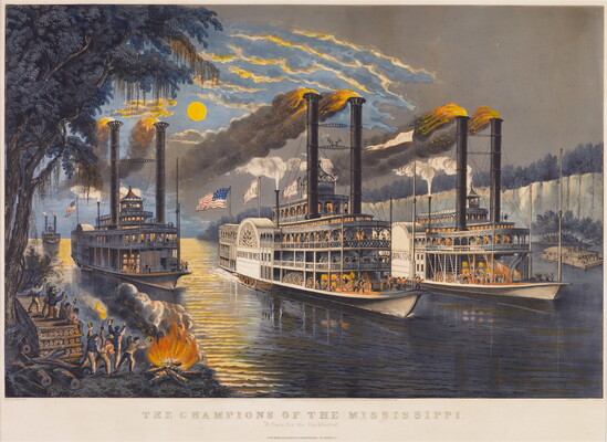 A color print of three multi-level steamships side by side on a river at nighttime above the words, "The Champions of the Mississippi."