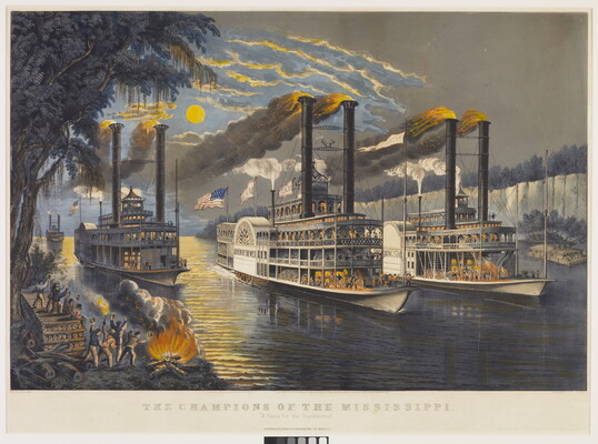 A color print of three multi-level steamships side by side on a river at nighttime above the words, "The Champions of the Mississippi."