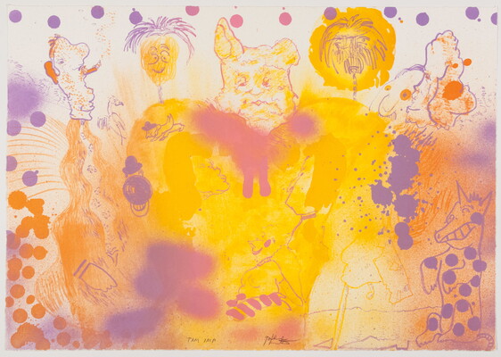 An abstract color print of cartoon-like characters and monsters in splotches of purple, yellow, orange, and pink.
