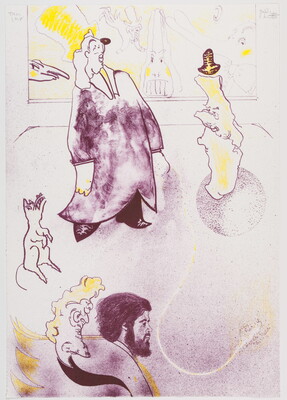 A color print of cartoon-like figures in yellow and purple.