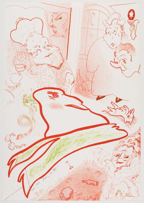 A color print of cartoon-like figures mostly in light oranges and one central figure in deep orange.