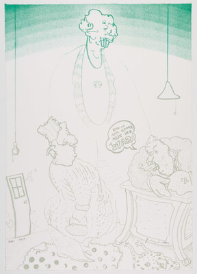 A color print of cartoon-like figures in gray beneath a gradient of greens at the top.