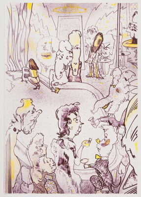 A color print of cartoon-like figures in yellow and purple seated around what appears to be a bar.
