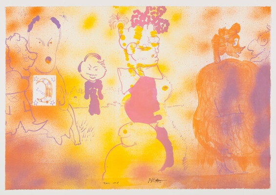 An abstract color print of cartoon-like characters and monsters in splotches of orange, yellow, purple, and pink.
