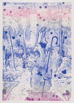 A color print of a cartoon-like figure in ceremonial robes and a staff in blue and pink.