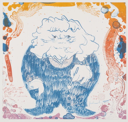 An abstract color print of a squat human figure in blue holding a paint brush; orange, blue, and lavender splotches surround the figure.