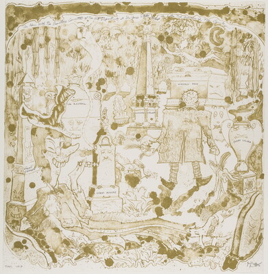 An abstract sepia-toned print of two caricatures of people, a profile of a woman smoking and a standing man looking at a tomb, in a graveyard.