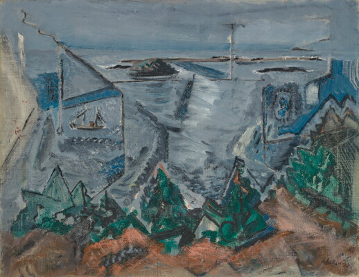 A abstract painting in blues and browns of a shoreline, land, and sea depicted as irregular, geometric shapes.