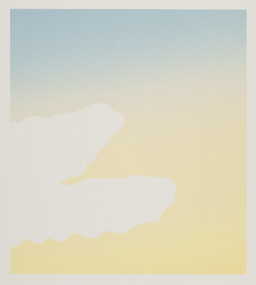 An abstract color print of white shapes that resemble rabbit ears against a blue gradient that fades to yellow.