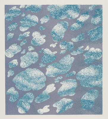 A color print of blue and white speckled clouds scattered on a gray background.