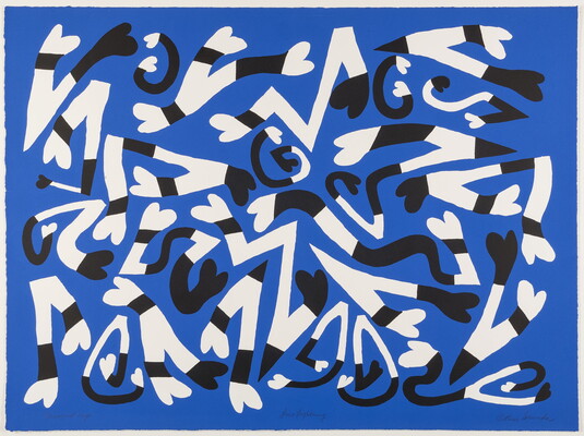 An abstract color print of zig-zag-like shapes in black and white, hearts at the ends of each shape, against a blue background.
