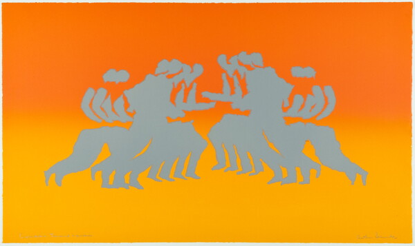 A color print of gray silhouettes of two groups of figures running toward each other on a gradient of orange to yellow from top to bottom.