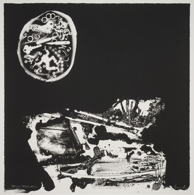An abstract black-and-white print of a mix of organic shapes and recognizable objects, like a key and nail file, arranged within two shapes on a black background.