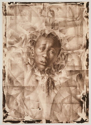 A sepia-toned print of the face of a young Black male at center looking as if it is bursting through crumpled paper.