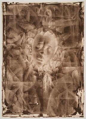 A sepia-toned print of the face of a young Black male, in negative, at center surrounded by what looks like geometric shapes and brushstrokes.