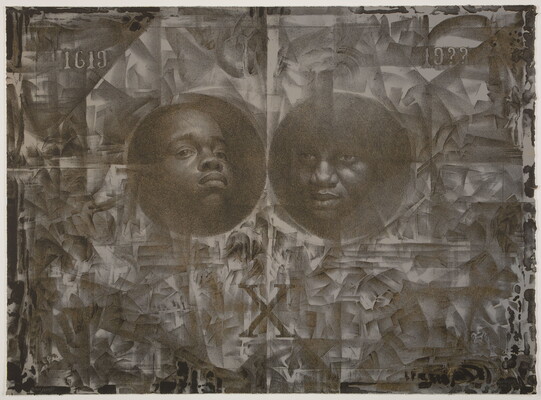 A black-and-white print of the faces of two Black people surrounded by what resembles crumpled paper; "1619" is in the upper left, "19??" in the upper right, and "X" beneath the faces.
