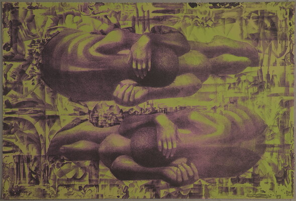 A black-and-white print on yellow paper of two crouched figures seen from above, arms over their heads and necks, facing opposite directions, on a background of geometric patterns.