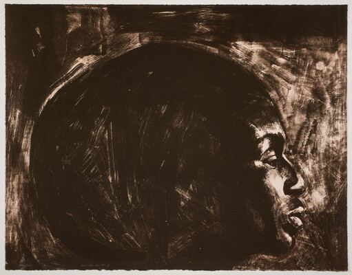A black-and-white print of a Black person in profile in a sketch-like style.