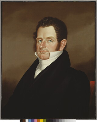 An oil painting of a White man with short brown curly hair and blue eyes wearing a black jacket over a white shirt with a high collar.