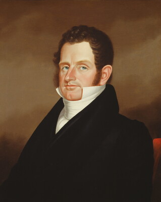 An oil painting of a White man with short brown curly hair and blue eyes wearing a black jacket over a white shirt with a high collar.