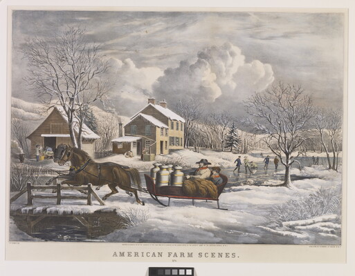 A color print of a horse-drawn sleigh crossing a snowy bridge, people playing on an icy pond, and farmhouses in the background.