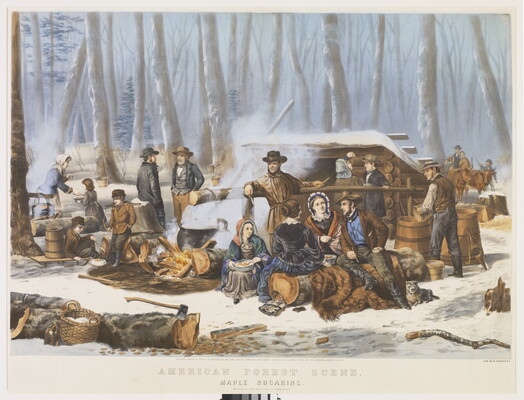 A color print of adults and children congregating outside a log shack in a snowy, wooded area.