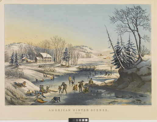 A color print of a snowy landscape with lots of people ice skating, sledding, and playing winter sports on a frozen river.