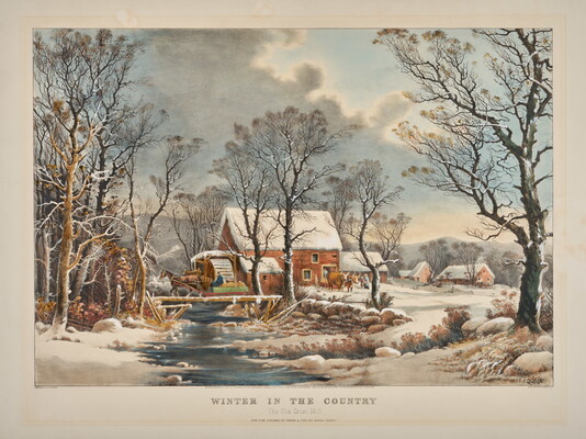 A color print of a snowy landscape with an icy stream running by a grist mill and houses in the distance.
