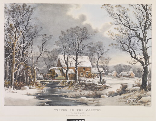 A color print of a snowy landscape with an icy stream running by a grist mill and houses in the distance above the words, "Winter in the Country."