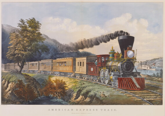 A color print of a passenger train with dark smoke billowing out of the engine stack.