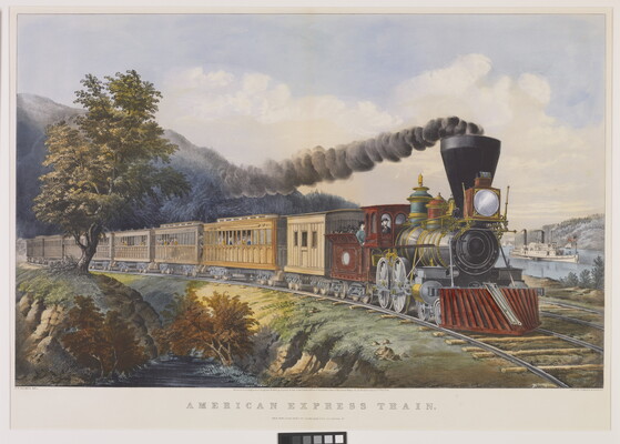 A color print of a passenger train with dark smoke billowing out of the engine stack.