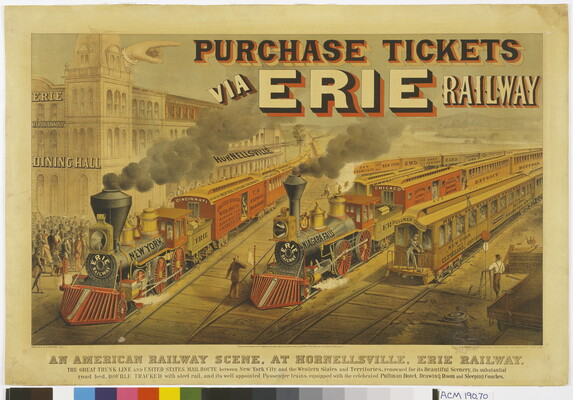 A color print of a train yard with two forward facing black steam trains and a caboose, and the words, "Purchase tickets via Erie railway" over the top of the illustration.