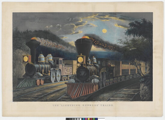 A print of two trains traveling side-by-side and blowing smoke on a moonlit night.