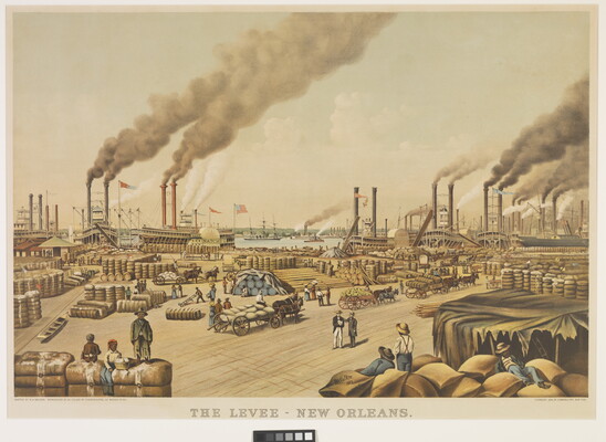 A color print of a busy port filled with people, cargo, and ships with the title, "The Levee - New Orleans" under the illustration.