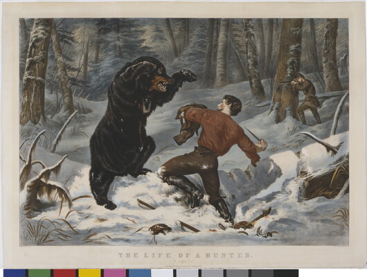 A color print of a snowy forest where a man with a knife fights a bear as another man behind a tree prepares to shoot the bear.