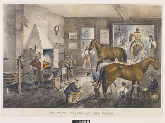 A color print of farriers caring for horses in a workshop with the words "'Trotting Cracks' at the Forge" under the scene.