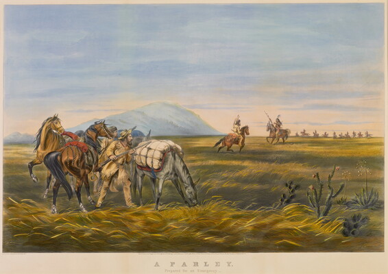 A color print of a White man and Native American man on horseback meeting at center of field as others watch.