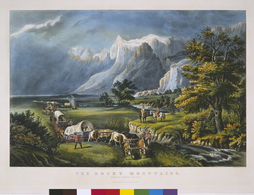 A idealized landscape print of a line of covered wagons traveling across a lush green plain with the Rocky Mountains towering behind them.