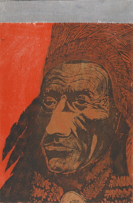 An abstract color print in reds, browns, and oranges of the face of an Indigenous man wearing a headdress.