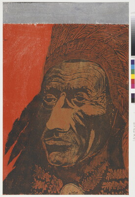 An abstract color print in reds, browns, and oranges of the face of an Indigenous man wearing a headdress.