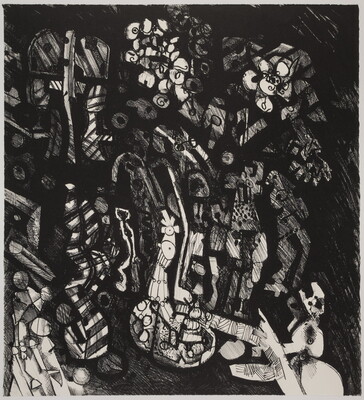 An abstract black-and-white print of white and gray circular and geometric shapes and patterns clustered in a sketchy black background.