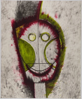 An abstract color print of a head made of simple geometric shapes with highlights of green, red, and yellow.