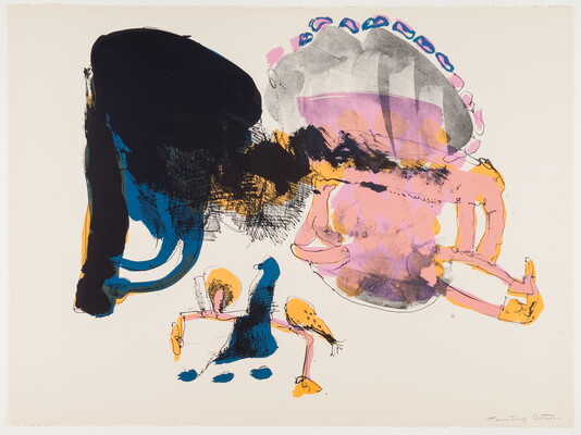 An abstract color print of organic shapes in black, blue, yellow, and pink.