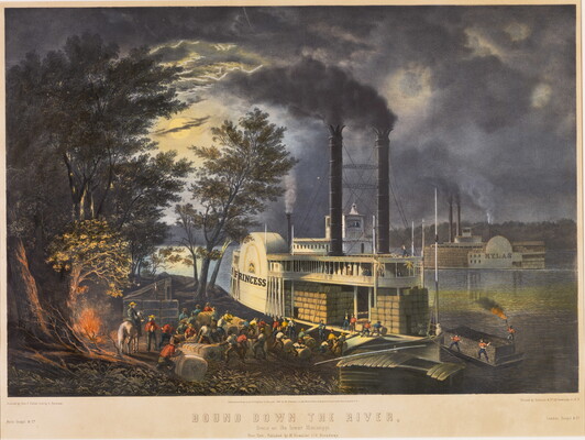 A color print of a large group of people loading cargo onto a steam ship by firelight; the moon shining through the clouds above.